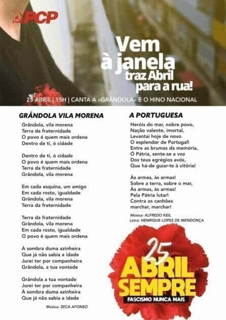 PCP pede Grândola cantada à janela no 25 de Abril